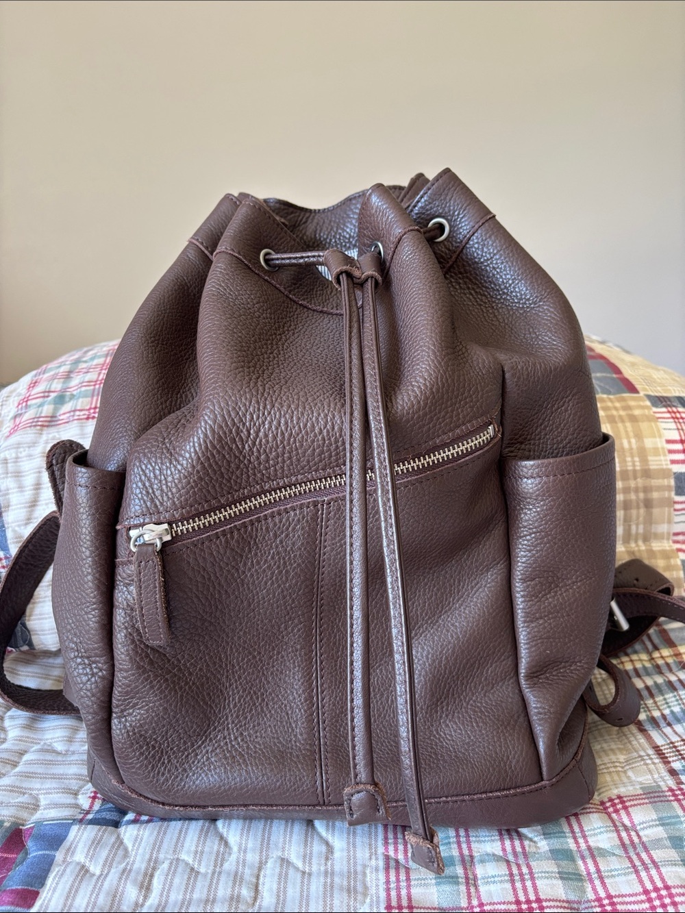 L.L. Bean Dark Brown Pebbled Leather Drawstring Backpack